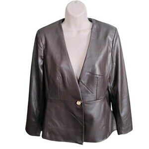 Elie Tahari Chocolate Brown Faux Leather Peplum Jacket 12 Petite Gold Button NWT